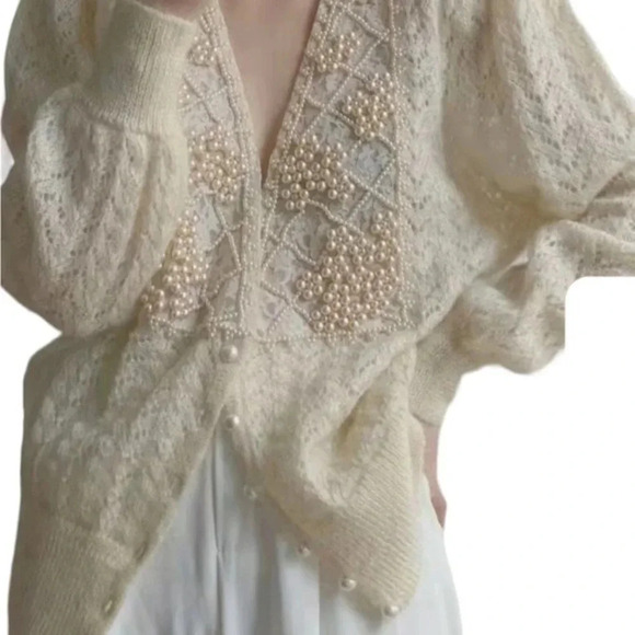 Vintage Style Pearl Encrusted Boho Cable Stitch Crème Cardigan Sweater New M - Picture 3 of 7